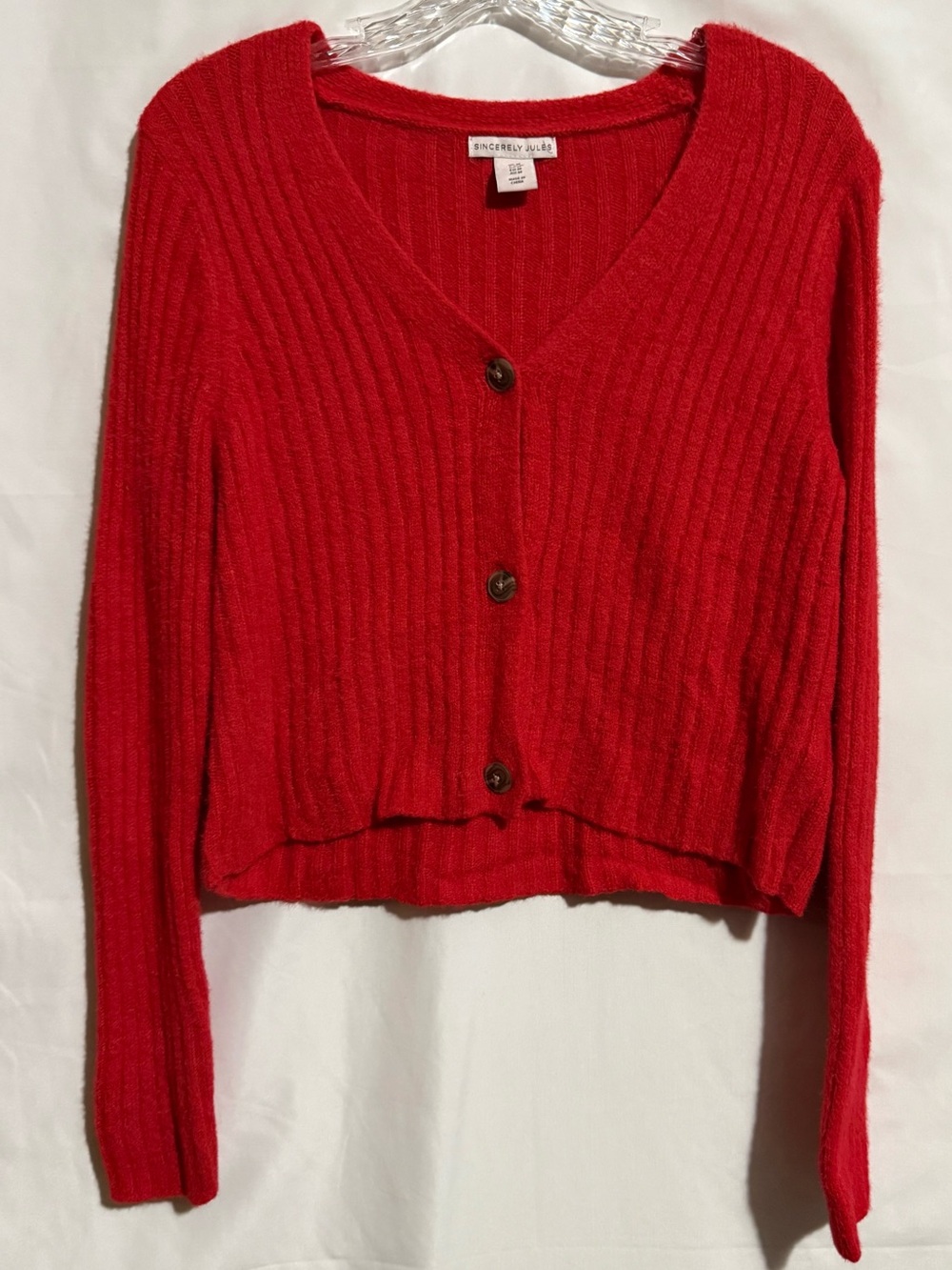 Sincerly Jules Bright Red Ribbed V-Neck Button-Up Cardigan M